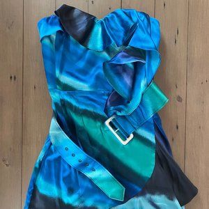 Express Teal and Turquoise Satin Dress with matching purse and earrings